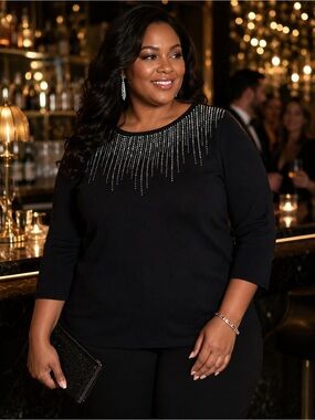 Ruby Rd. Black Scoop Neck Sweatshirt with Rhinestone Fringe
